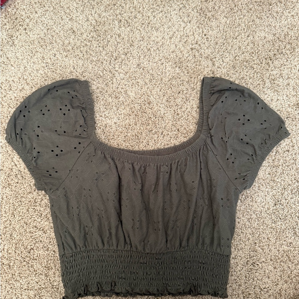 Hollister Green Smocked Puff Sleeve Crop Blouse